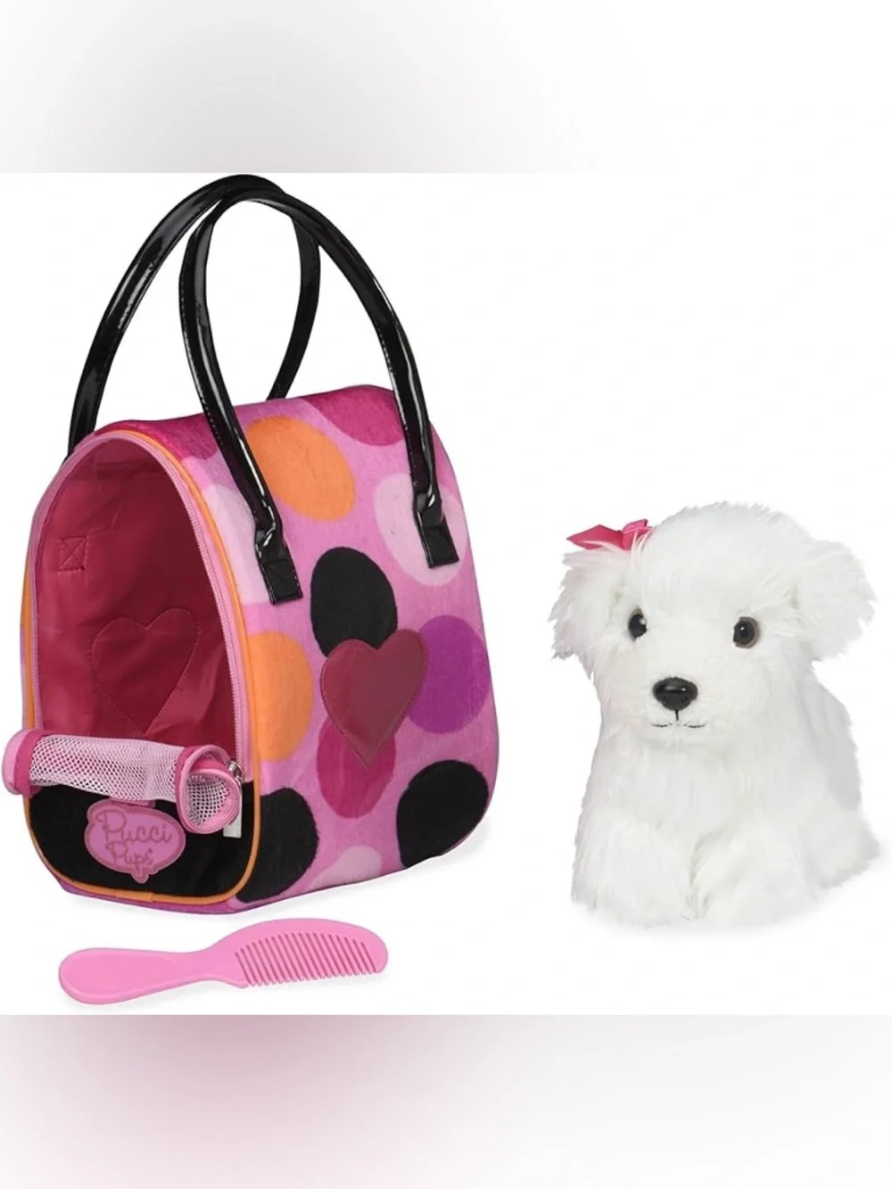 (A6) Battat Pucci Pups Pink Polka Dot Plush Dog Carrier‎ Bag Glam Heart Detail